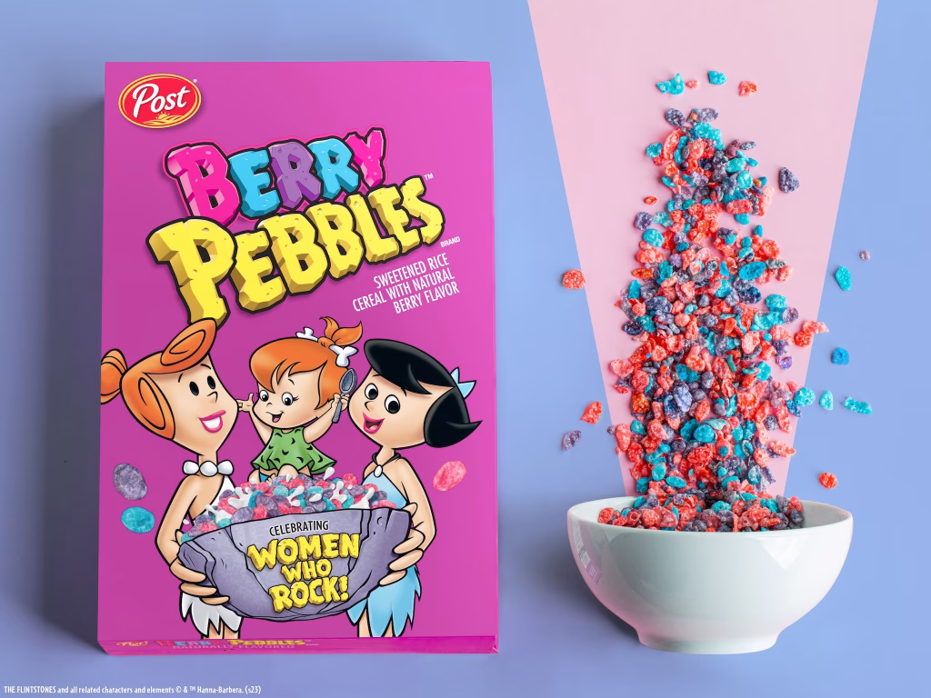Berry PEBBLES cereal box and bowl