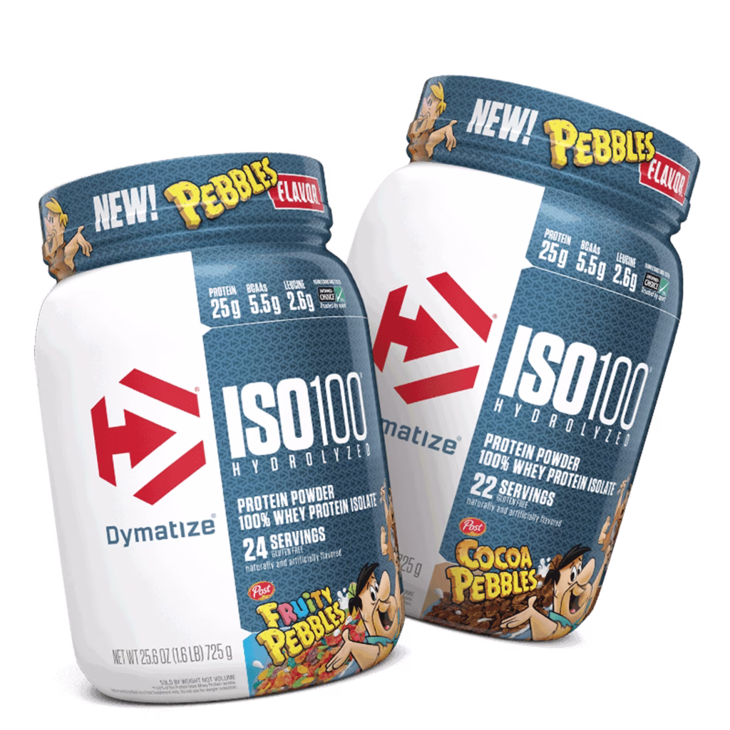 Dymatize™ ISO100™ Fruity PEBBLES™ and Cocoa PEBBLES™ Product Packaging